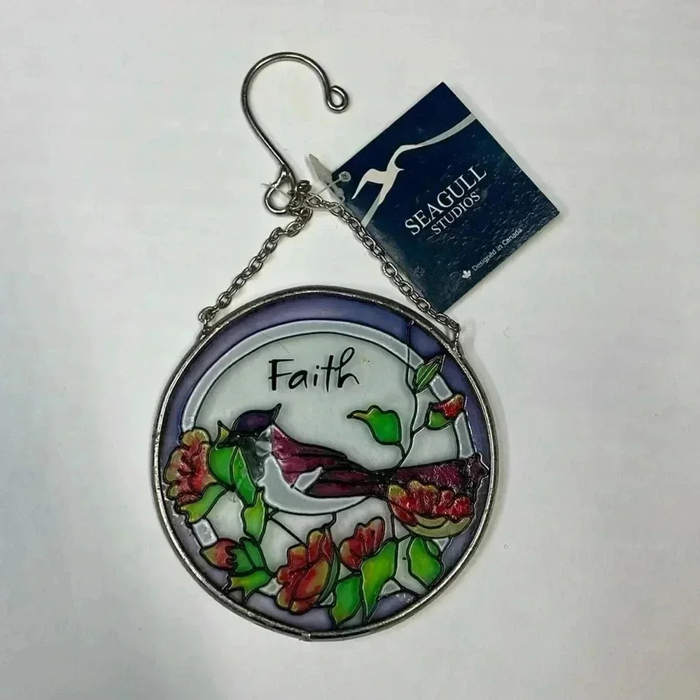 Seagull Studios Faith Cardinal Blue Bird Suncatcher Stained Glass Miniature‎